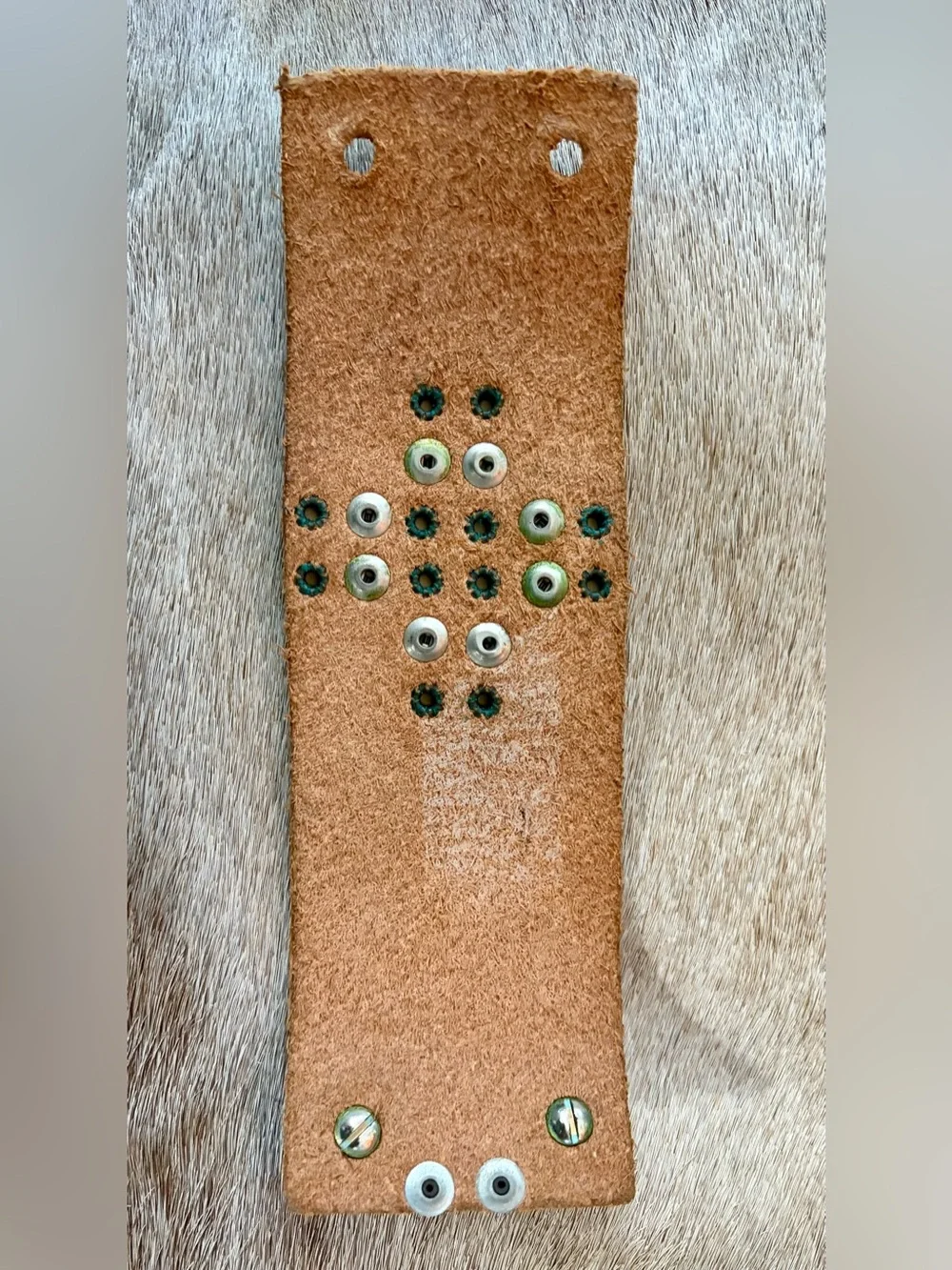 Women’s Brown Leather Studded Bracelet with Green and Beige Accents